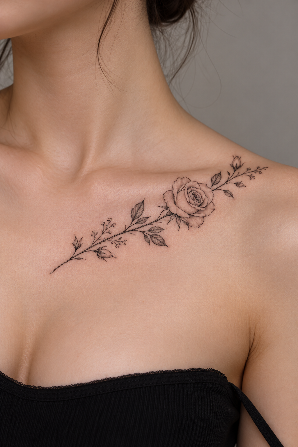 A rose stem minimalist collarbone tattoos concept