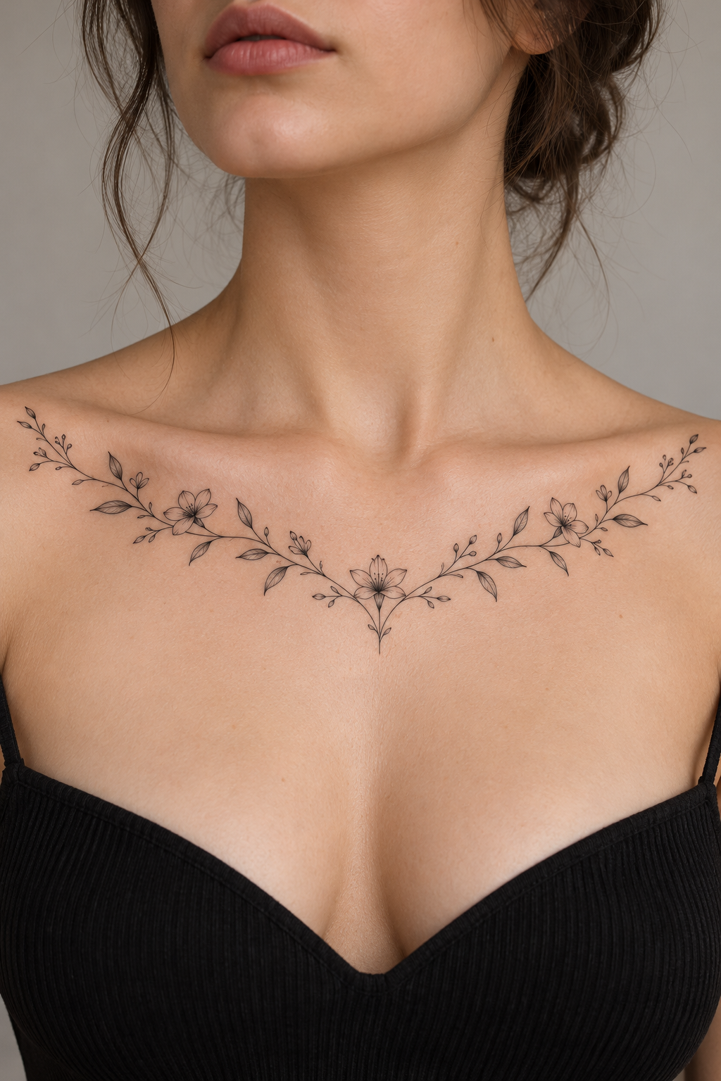 A thin cross-collarbone stem collarbone tattoo concept