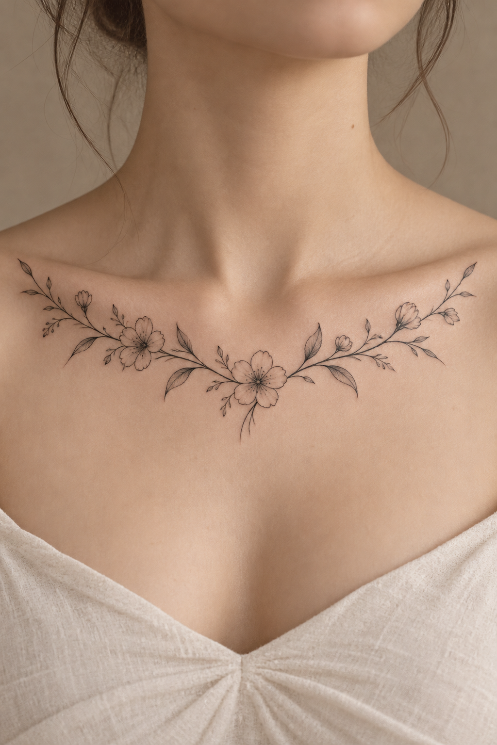 A slim flower branch collarbone tattoo concept