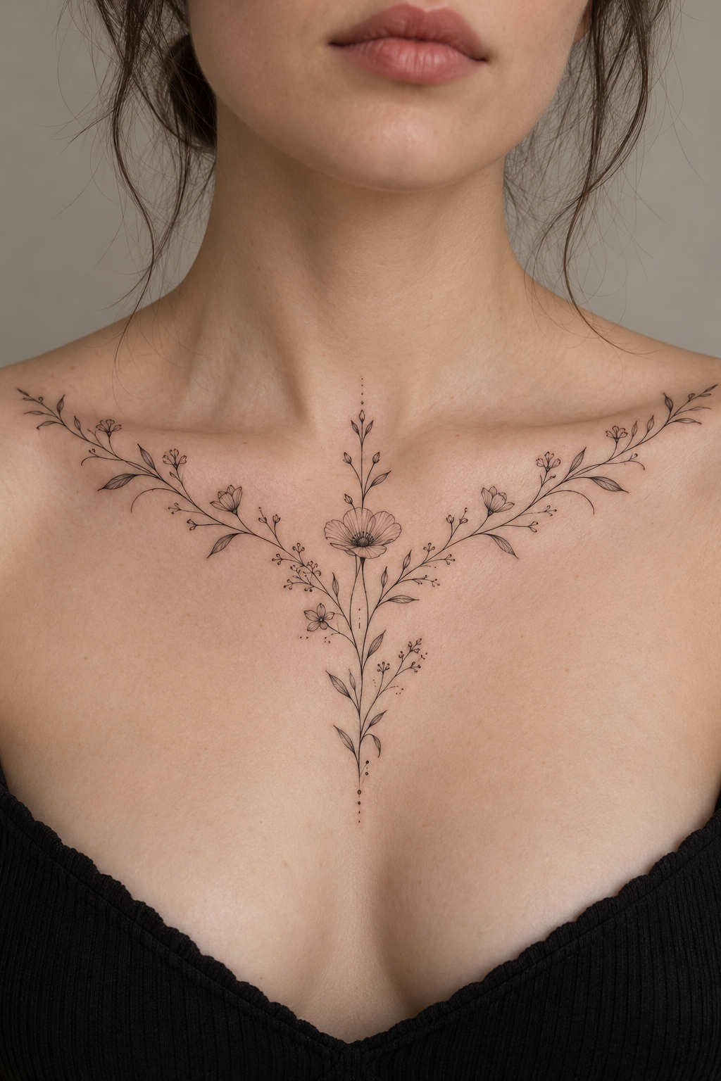 Vertical stems collarbone tattoo concept