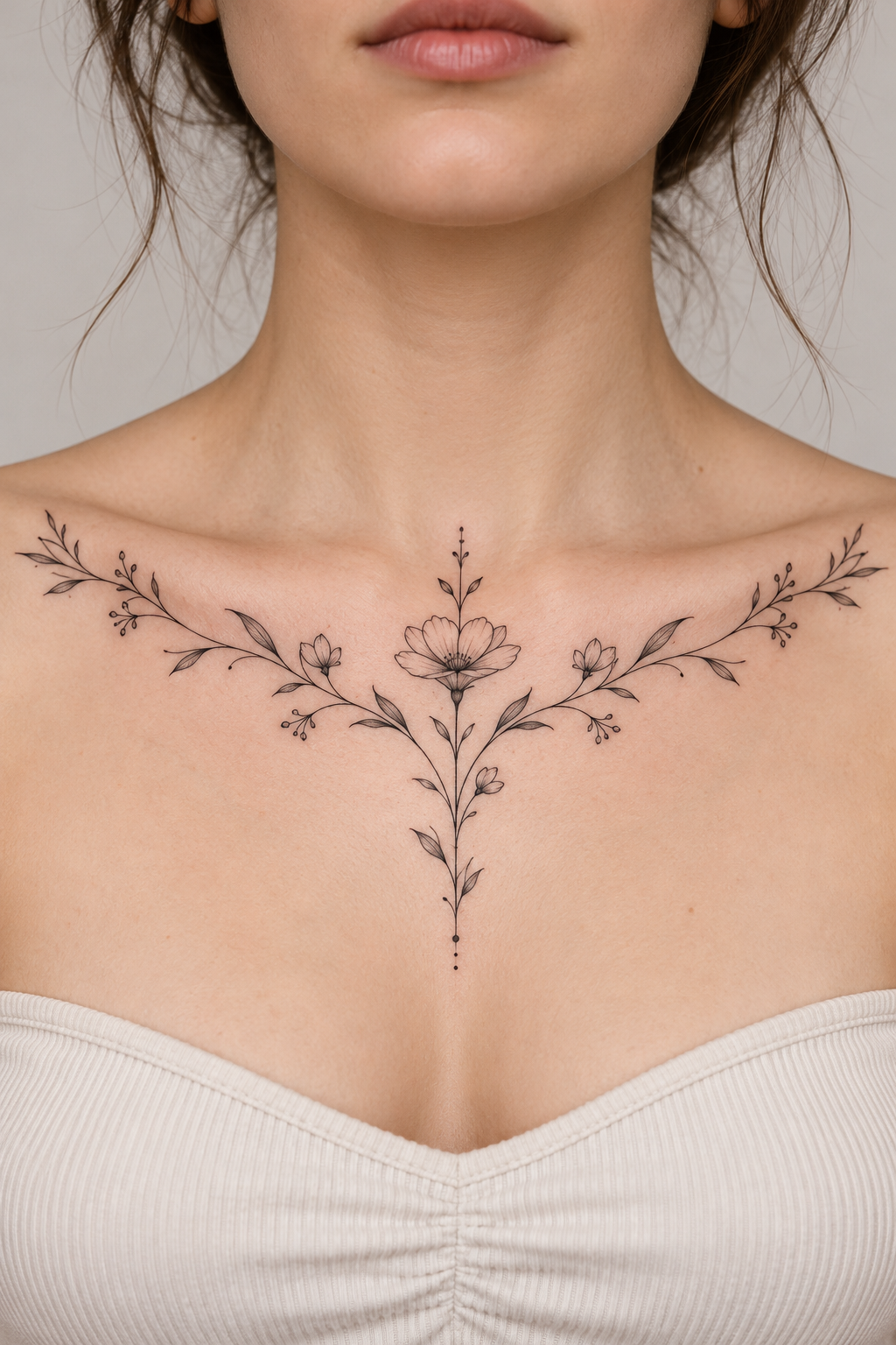 A centered flower stem collarbone tattoo concept