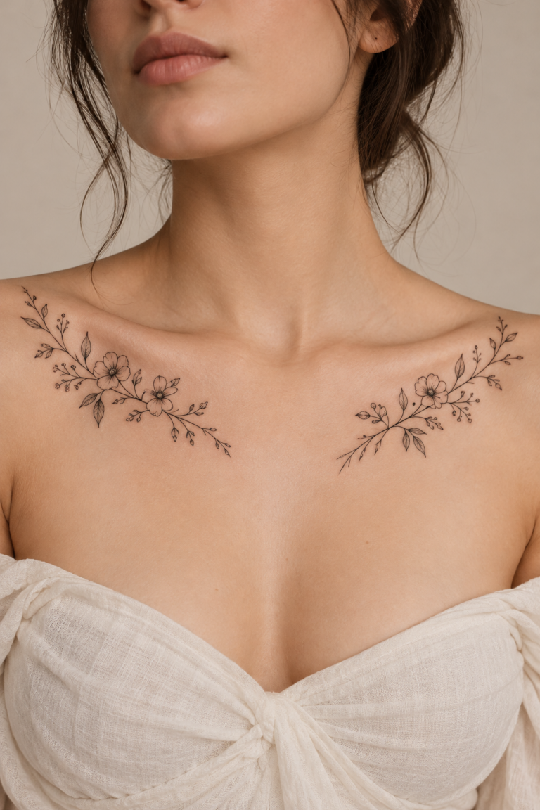 minimalist floral collarbone tattoo