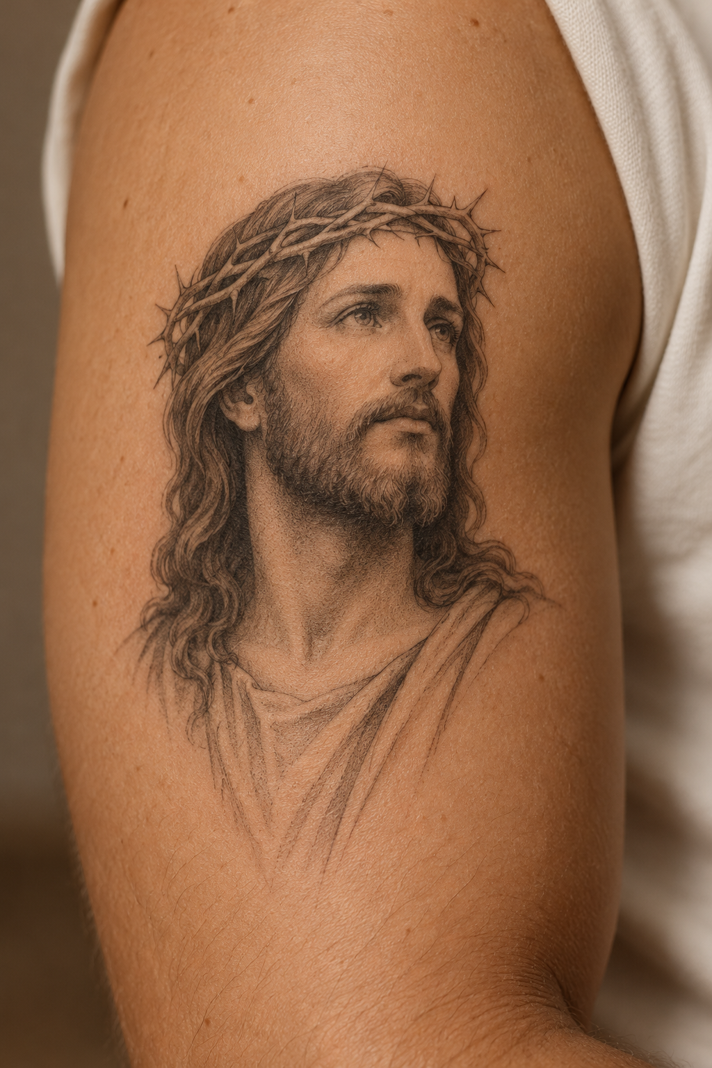 fine-line upper-arm portrait small Jesus portrait tattoo