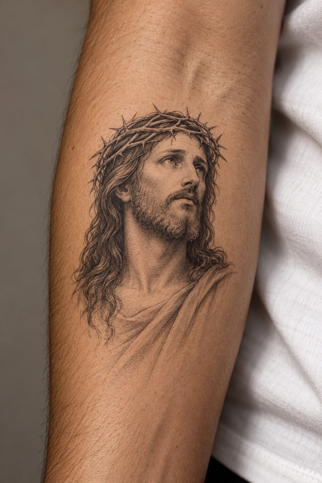 behind-the-ear portrait small Jesus portrait tattoo