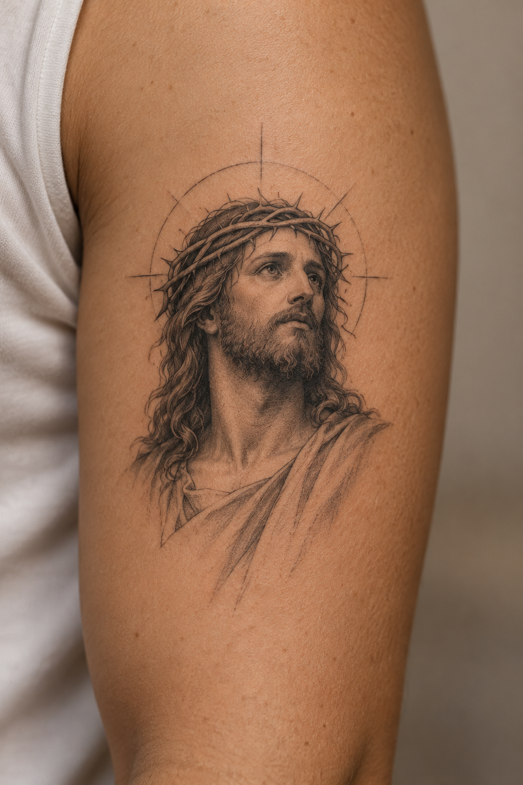 compact shoulder portrait small Jesus portrait tattoo