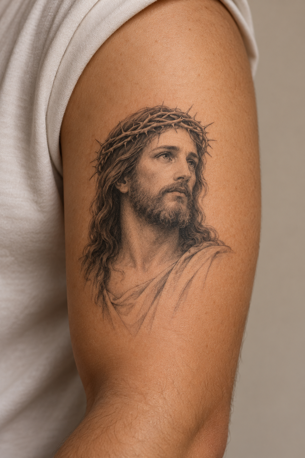 detailed thigh portrait small Jesus portrait tattoo
