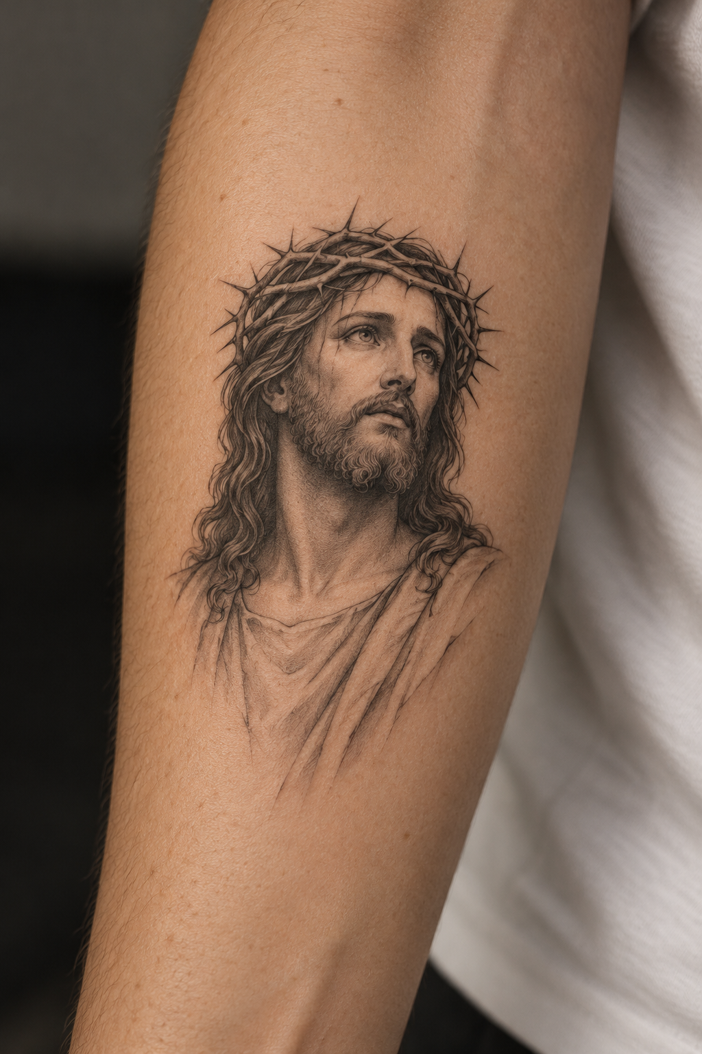 vertical rib portrait small Jesus portrait tattoo