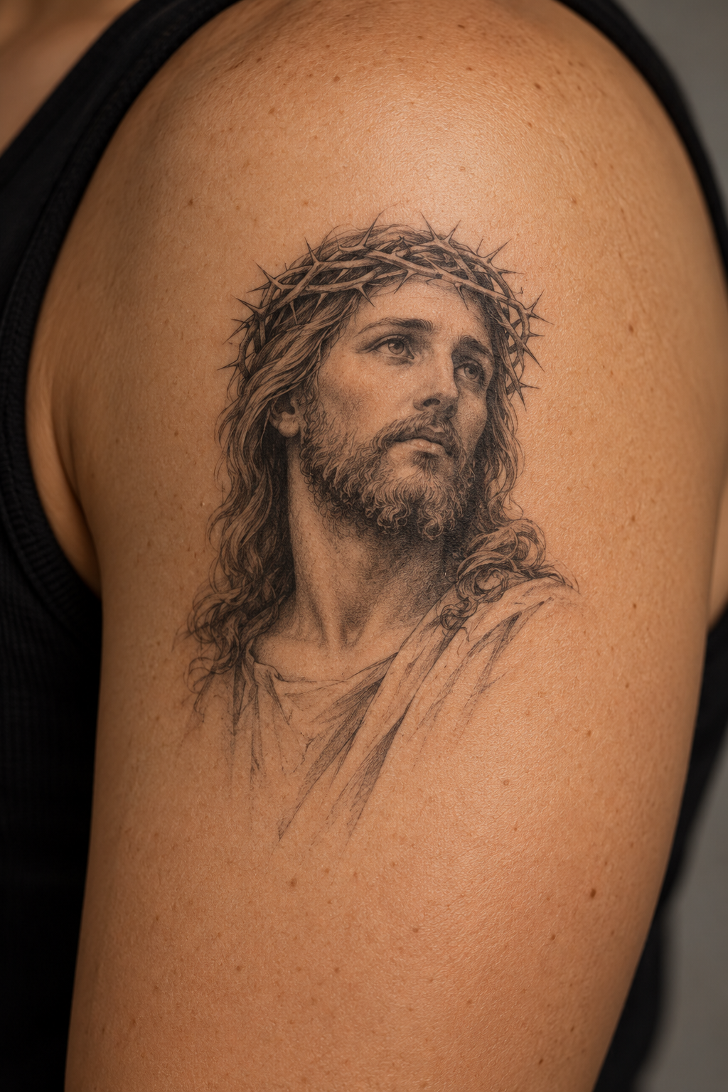 balanced shoulder portrait small Jesus portrait tattoo