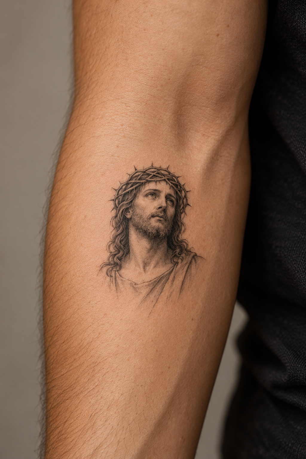 visible hand portrait small Jesus portrait tattoo