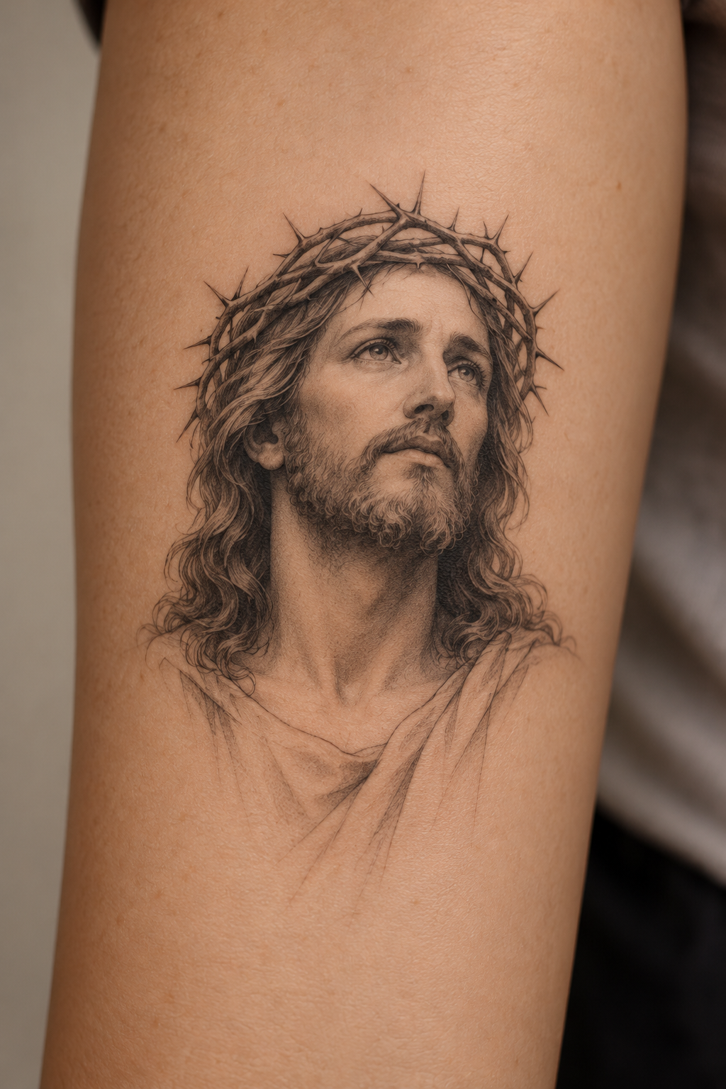 centered upper-back portrait small Jesus portrait tattoo