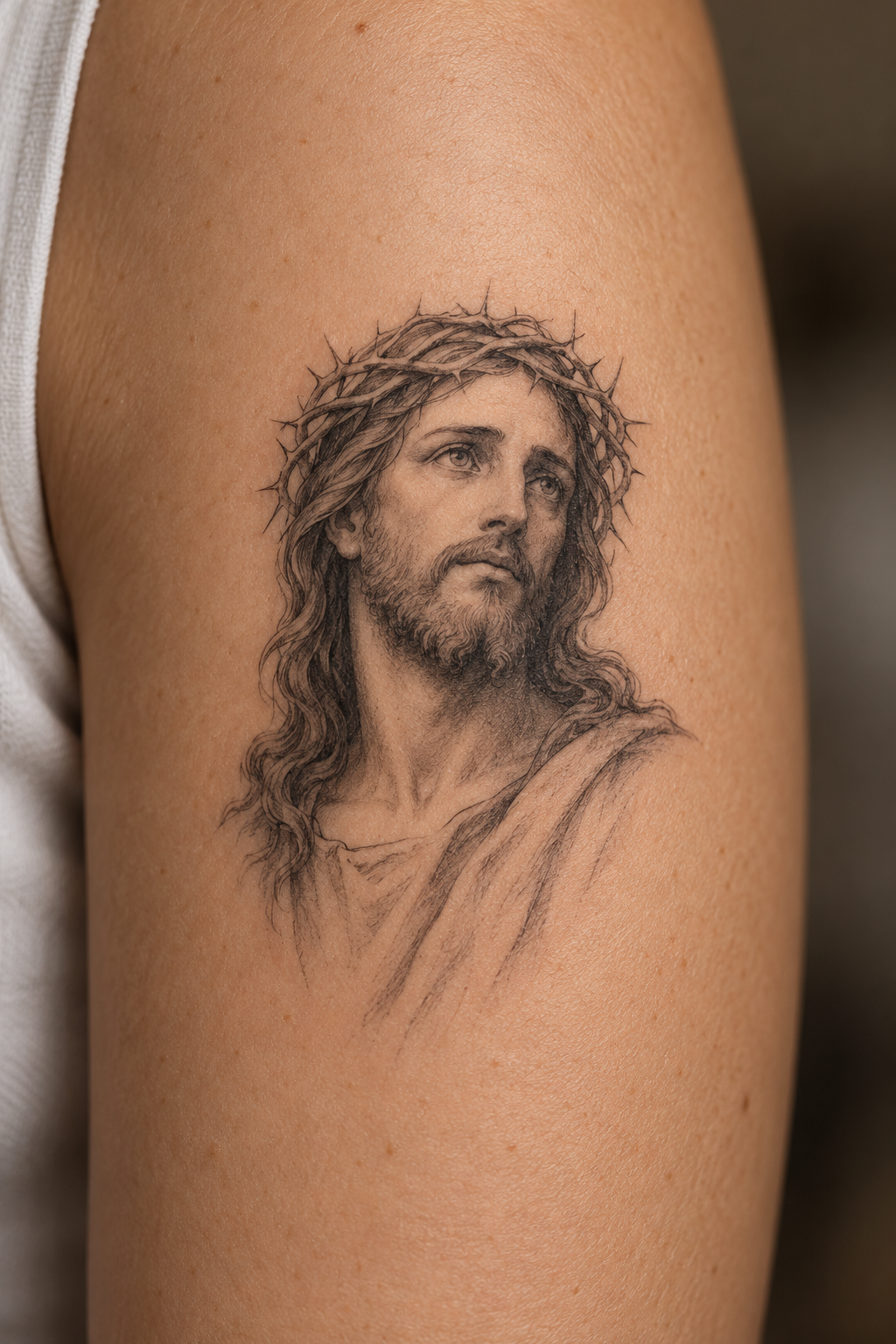 bold-outline upper-arm portrait small Jesus portrait tattoo