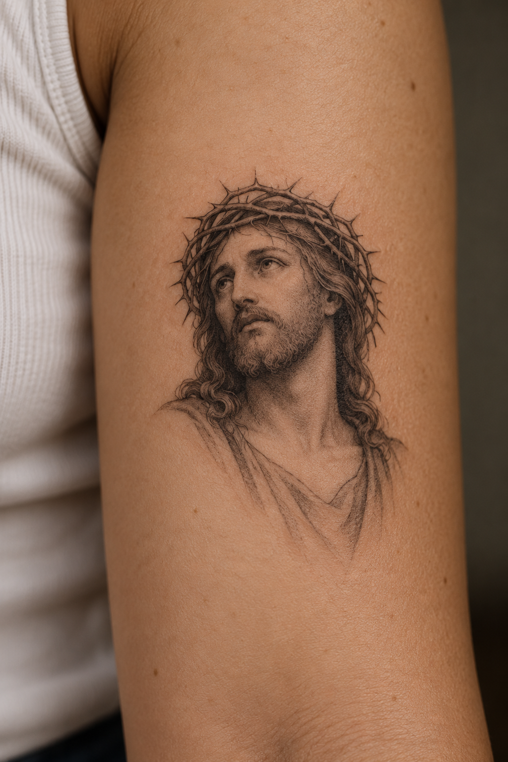 sacred-heart thigh portrait small Jesus portrait tattoo