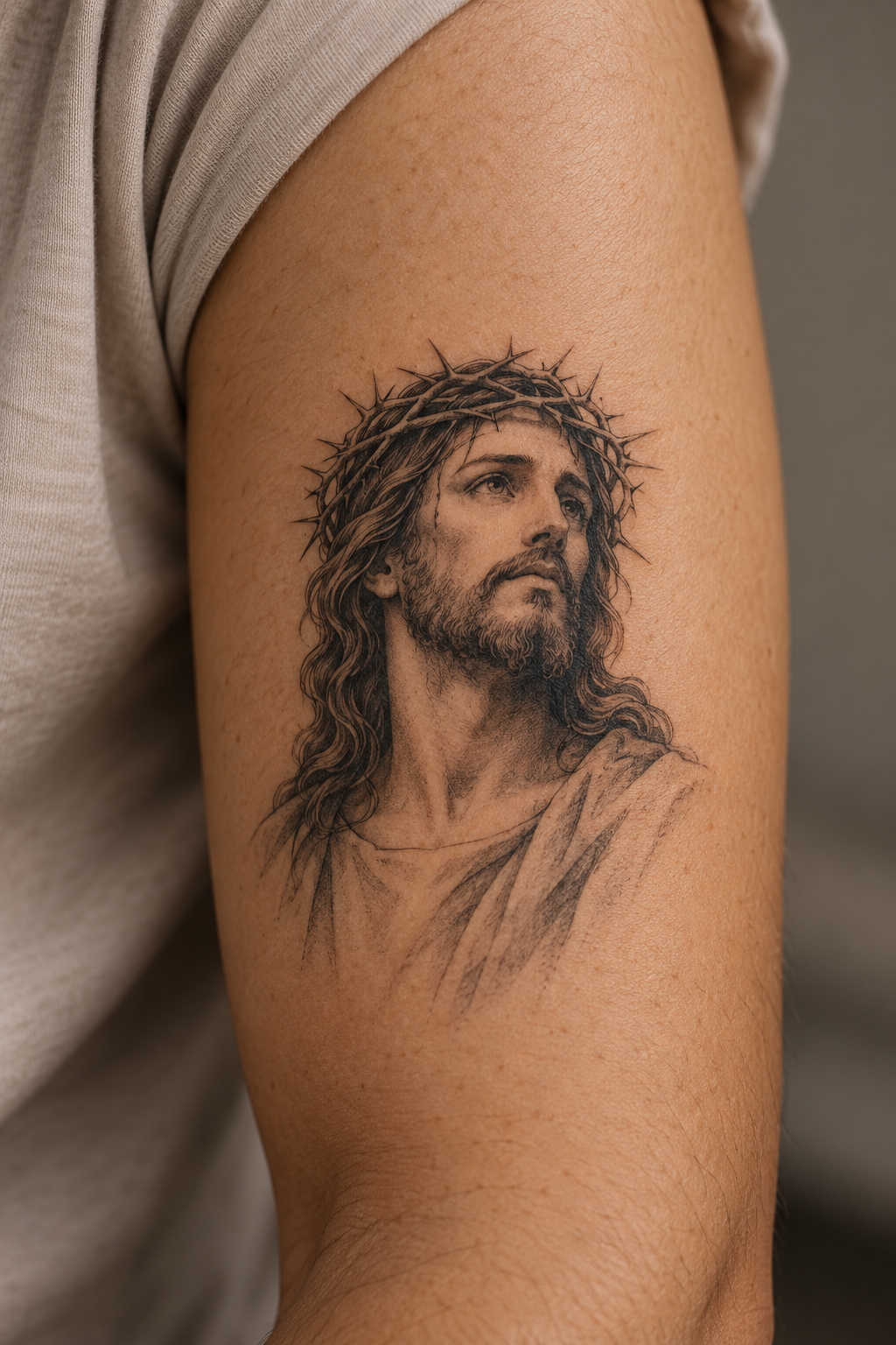 directional upper-back portrait small Jesus portrait tattoo