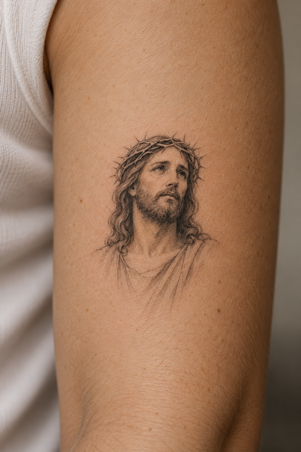 close upper-chest portrait small Jesus portrait tattoo