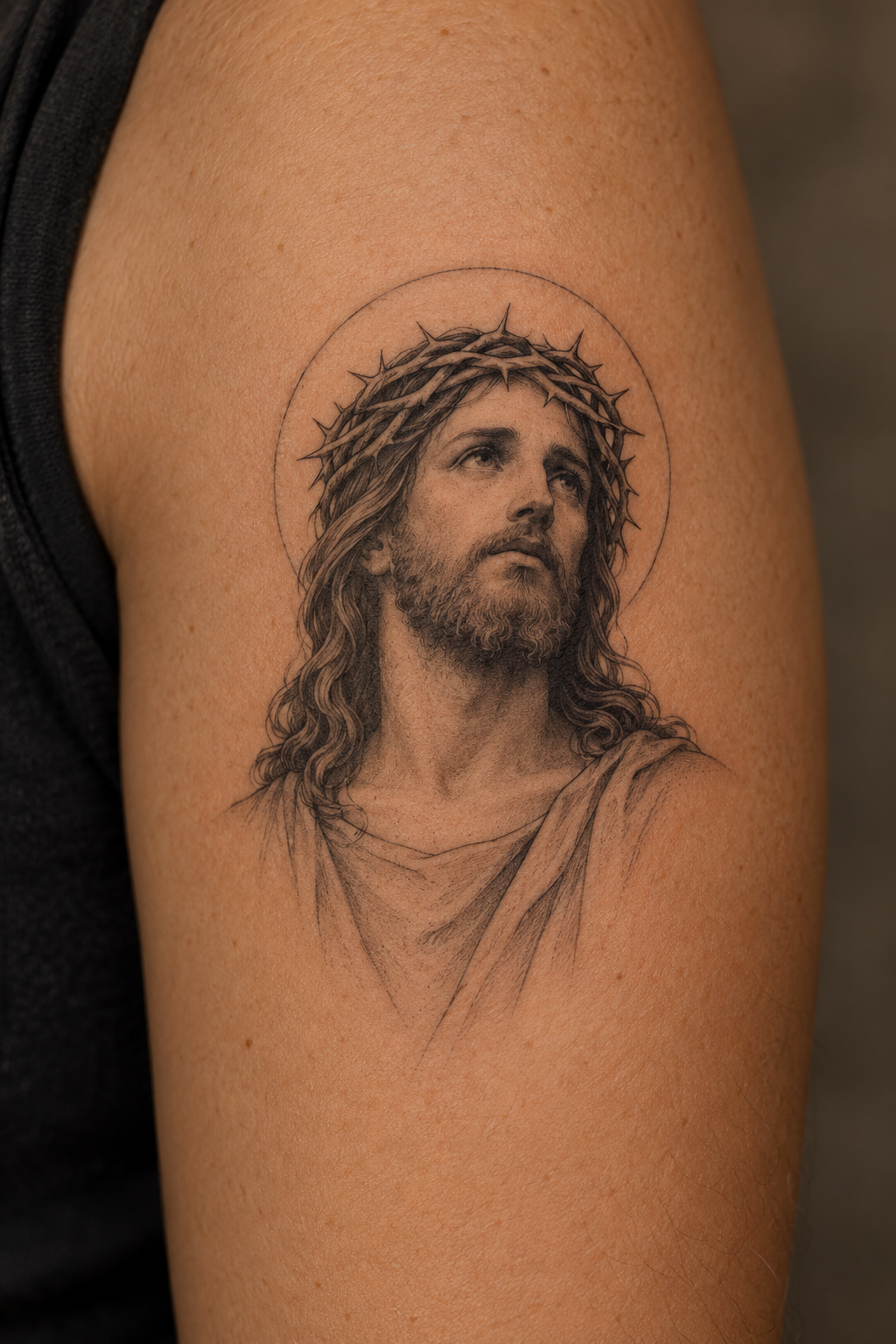 vertical calf portrait small Jesus portrait tattoo