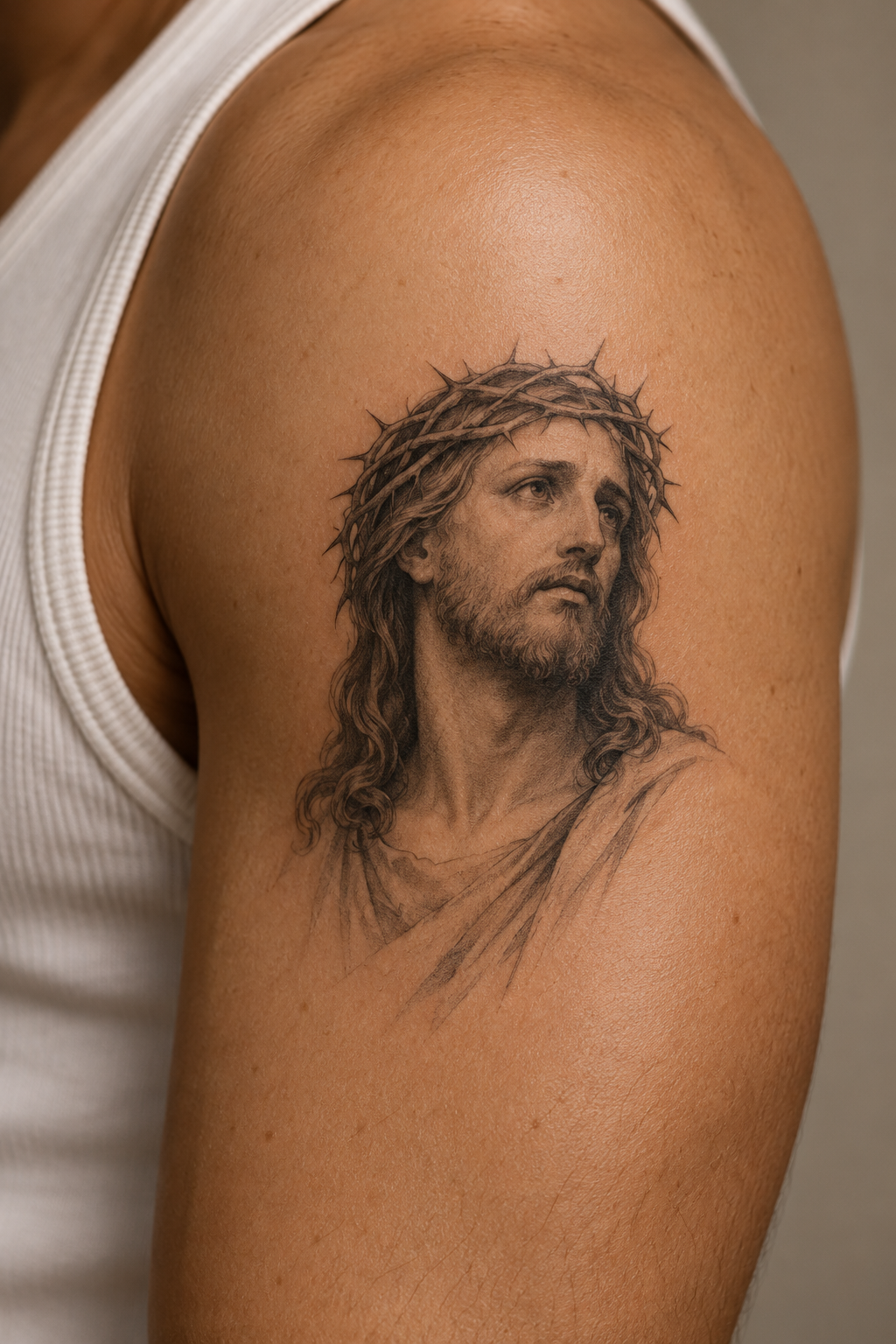 Small Jesus portrait tattoo editorial concept