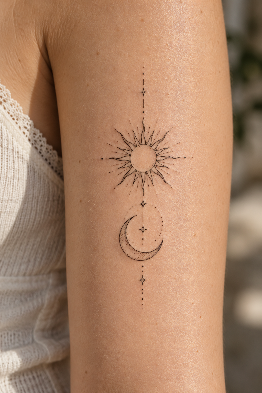 Tiny Meaningful Tattoo Ideas For Women featuring a minimal sun and moon symbol