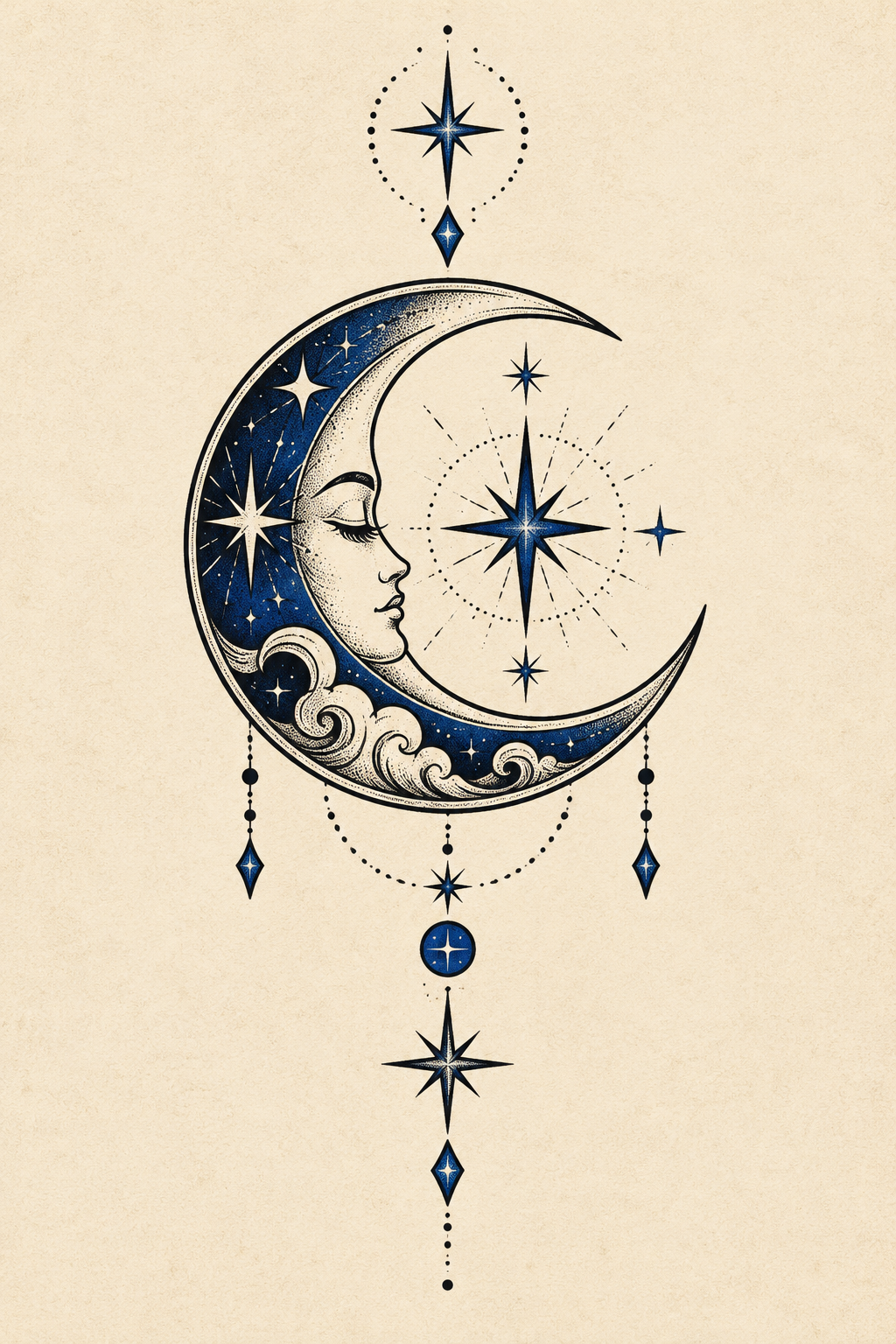 Original crescent moon and stars small tattoo idea