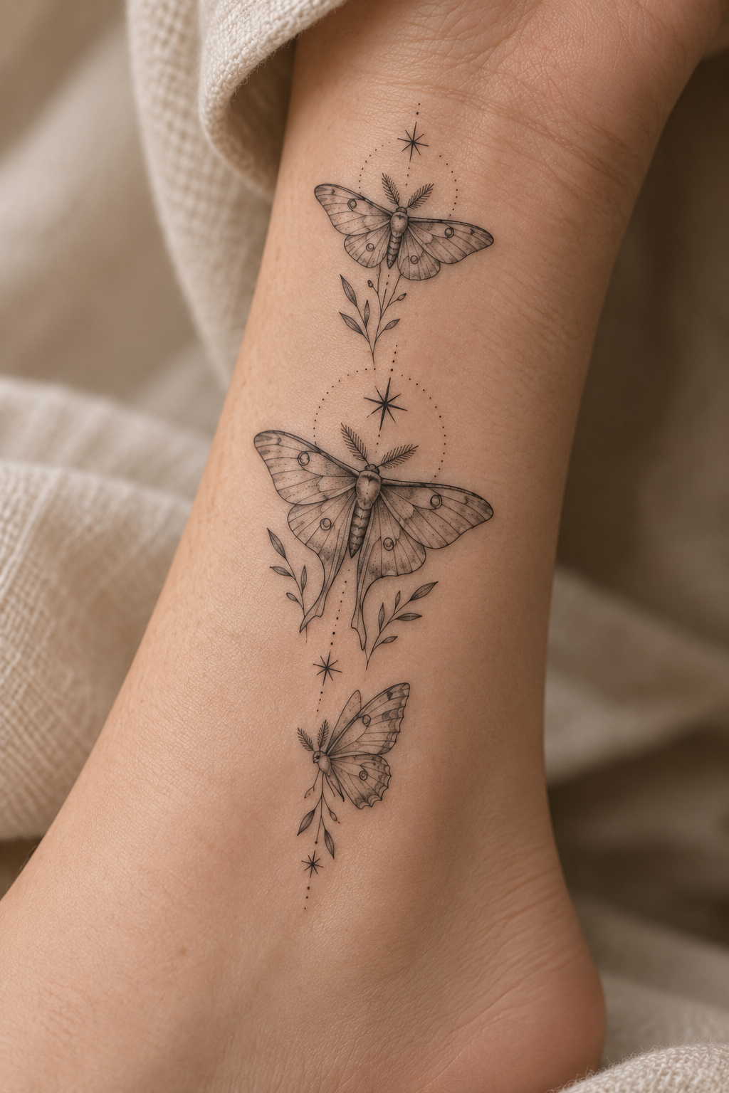 Three moths along the ankle spiritual animal tattoo idea
