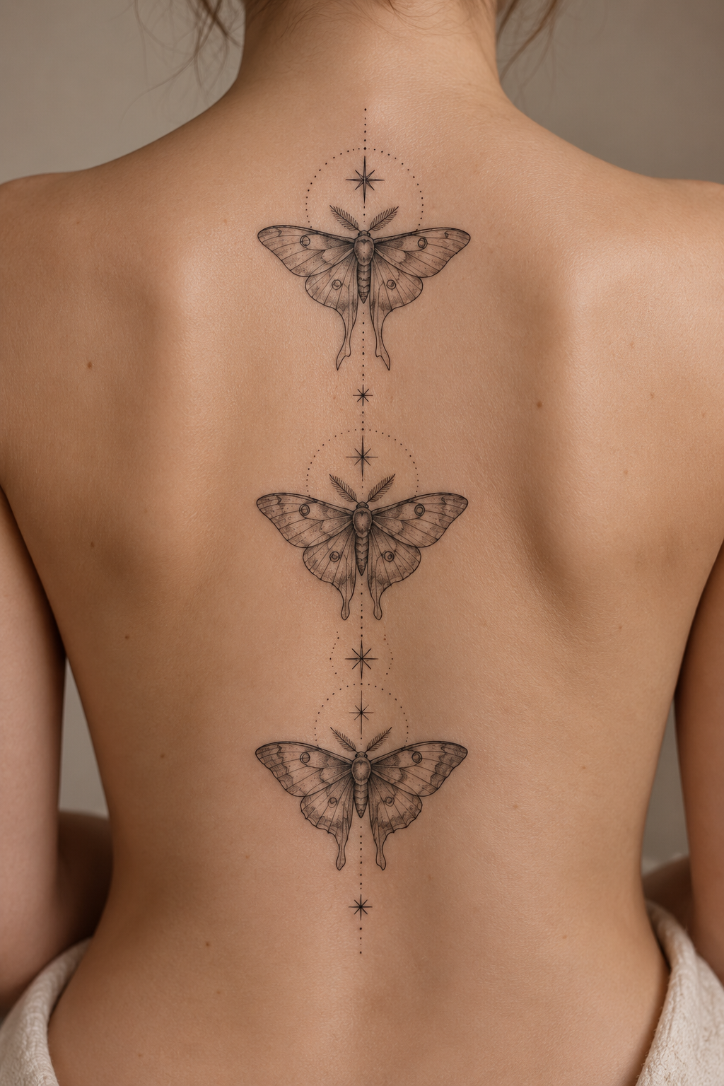 A vertical moth layout on the back spiritual animal tattoo idea