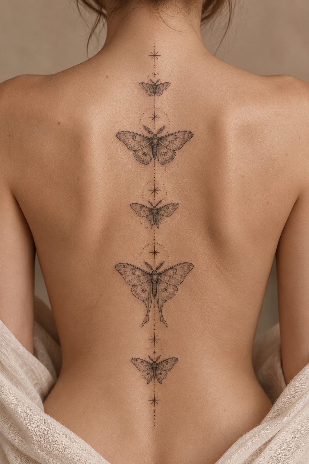 Moths following the spine in fine line spiritual animal tattoo idea