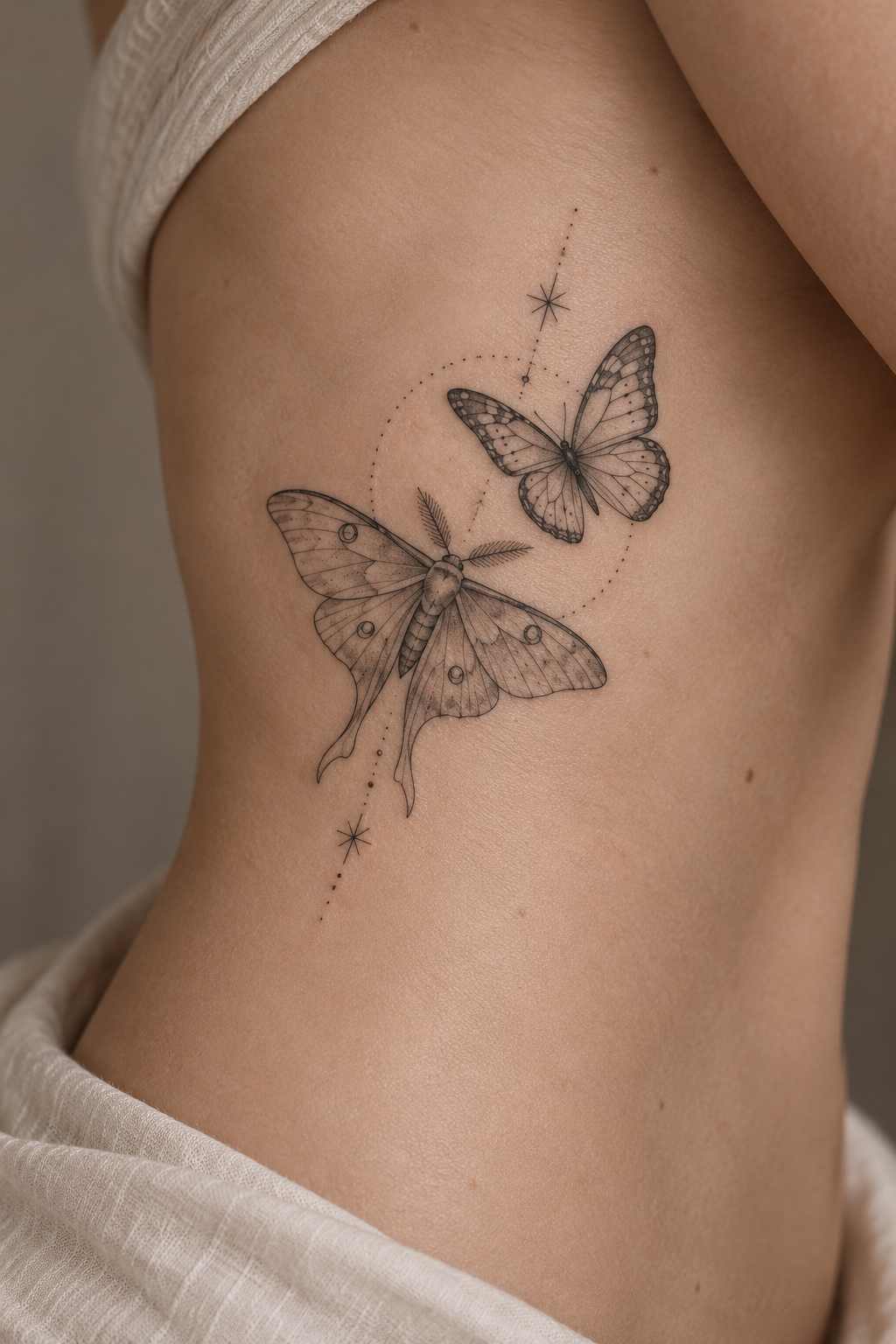 Moth and butterfly on the side torso spiritual animal tattoo idea
