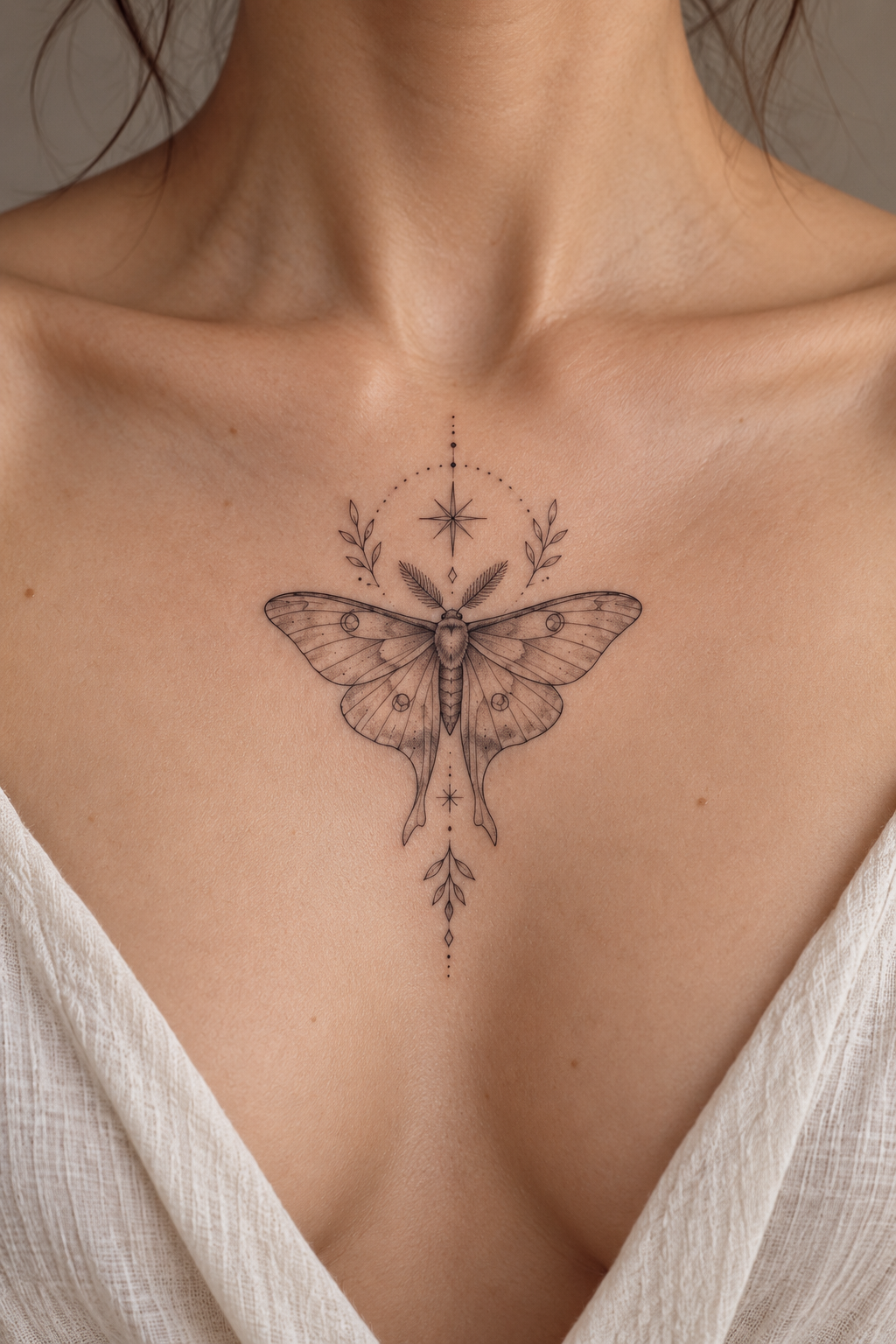 Butterfly centered on the chest spiritual animal tattoo idea