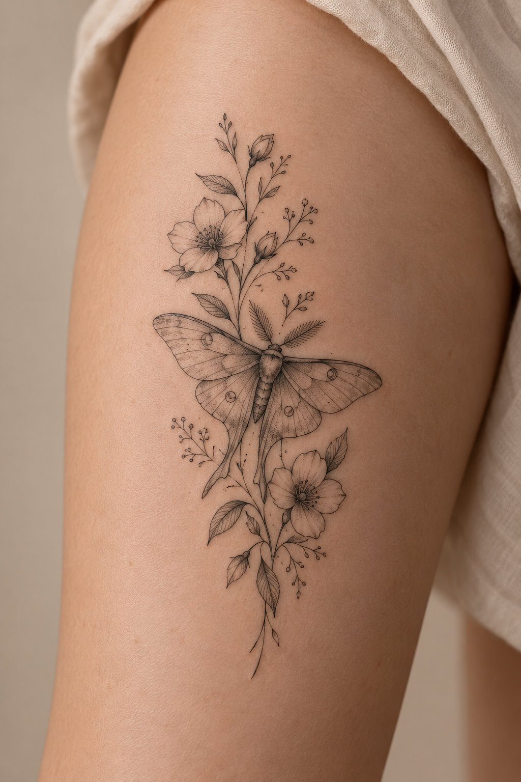 Moth with flowers on the thigh spiritual animal tattoo idea