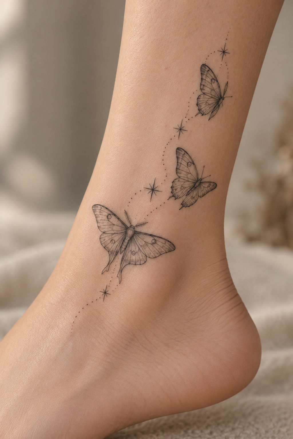 Butterflies linked with stars on the ankle spiritual animal tattoo idea
