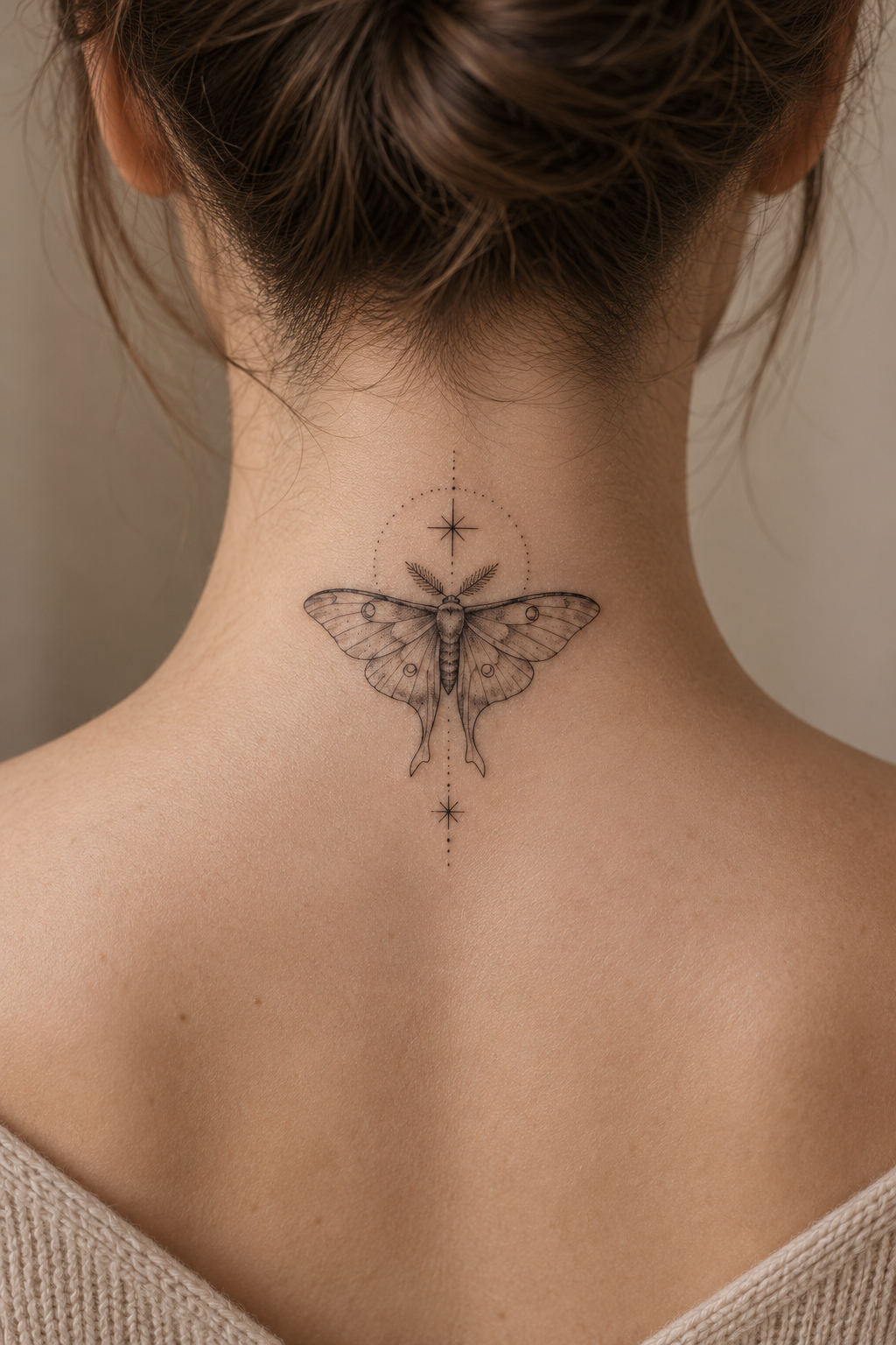 Moth tattoo on the back of the neck spiritual animal tattoo idea