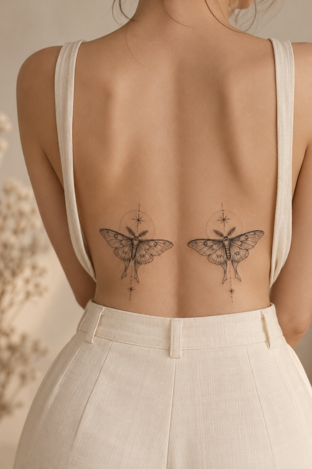 Two moths on the lower back spiritual animal tattoo idea