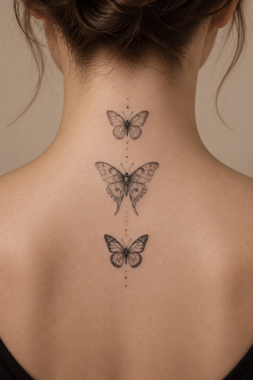 Vertical butterflies on the nape of the neck spiritual animal tattoo idea