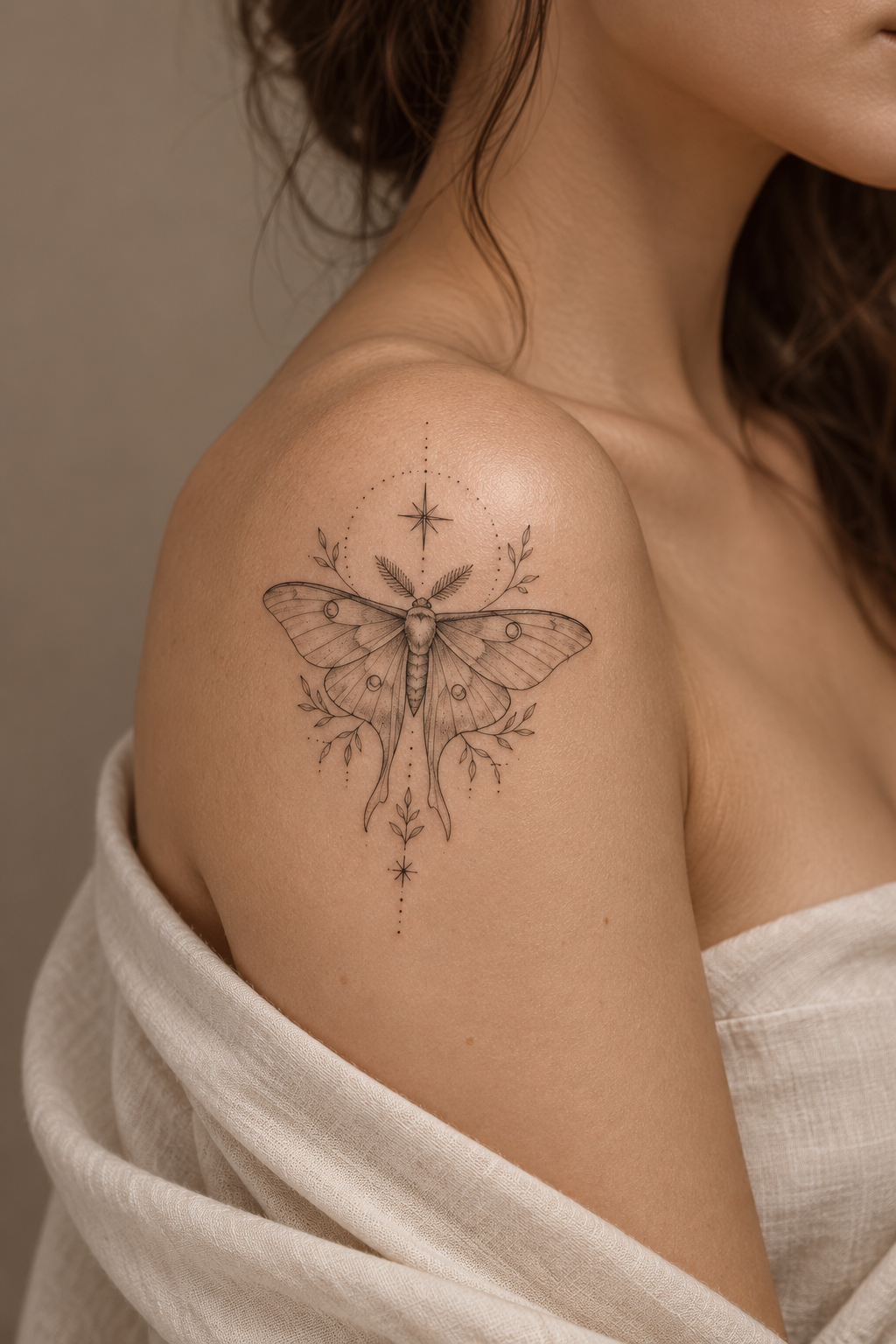Luna moth on the shoulder spiritual animal tattoo idea