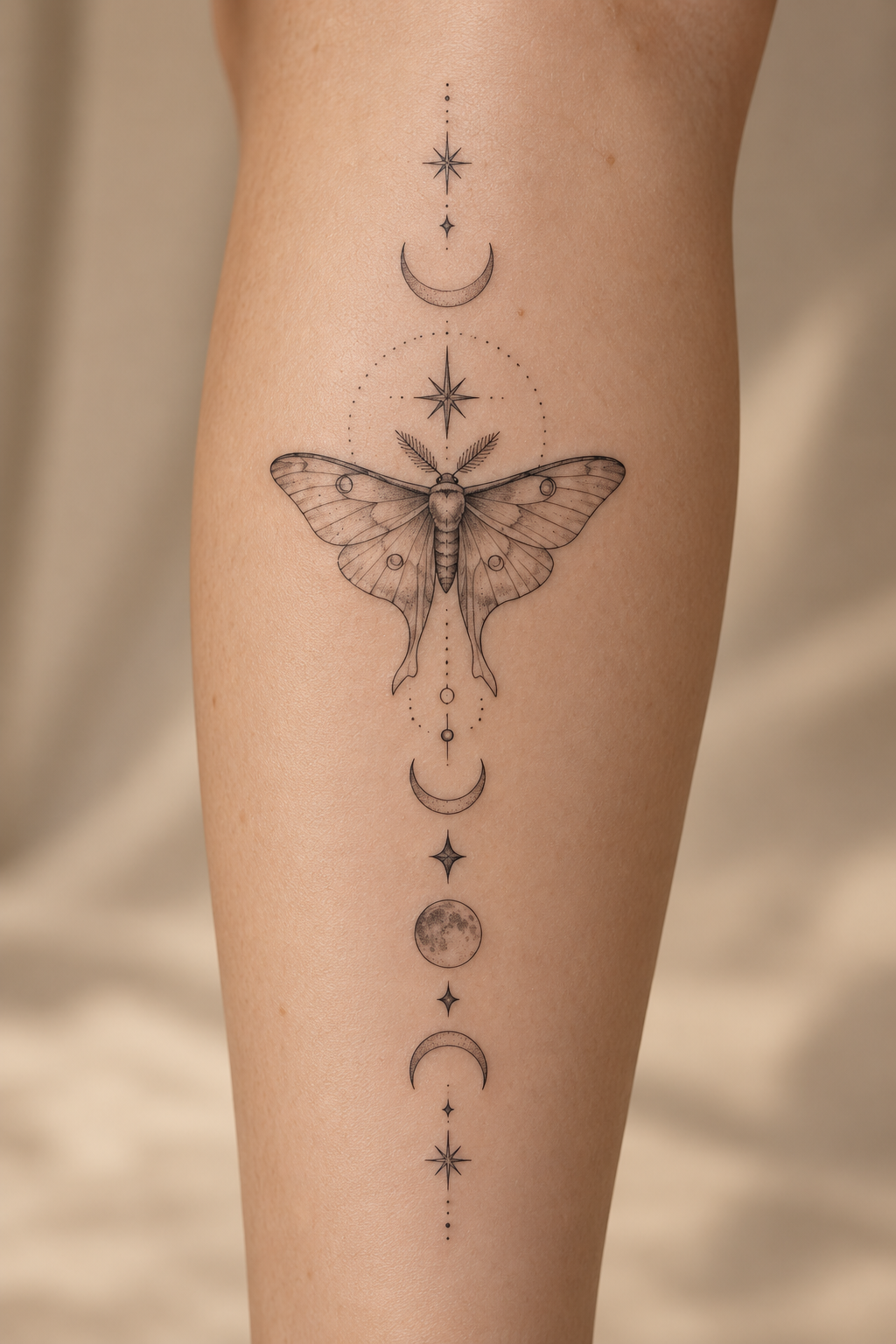 Moth and moons down the shin spiritual animal tattoo idea