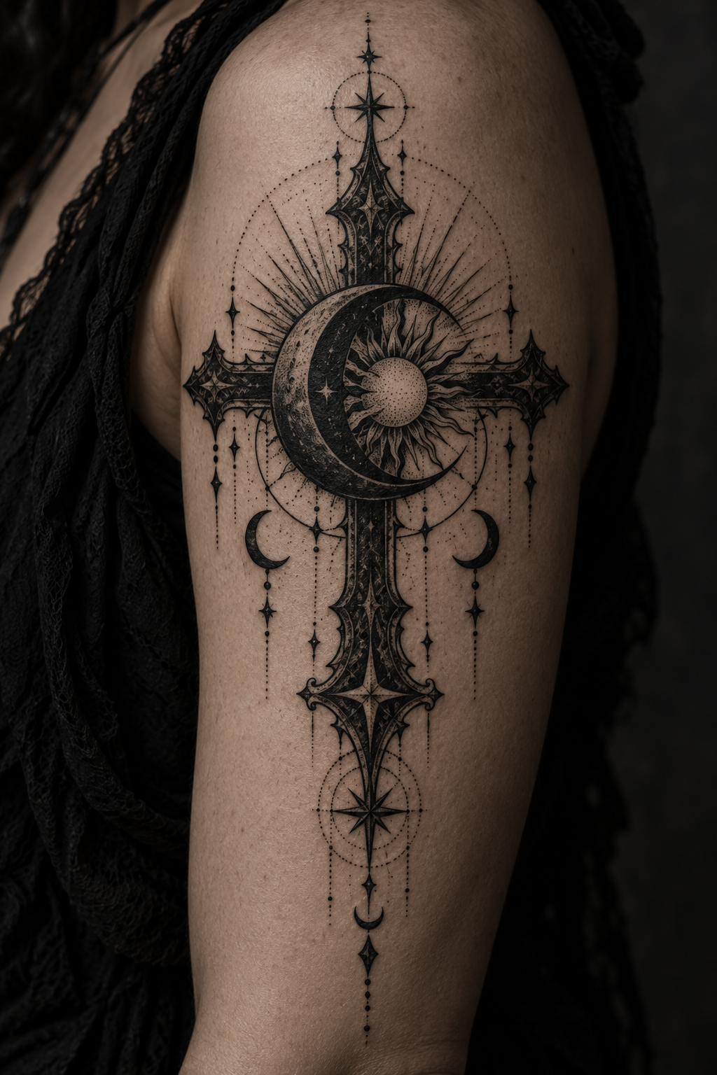 Cross with Moon and Sun gothic tattoo idea