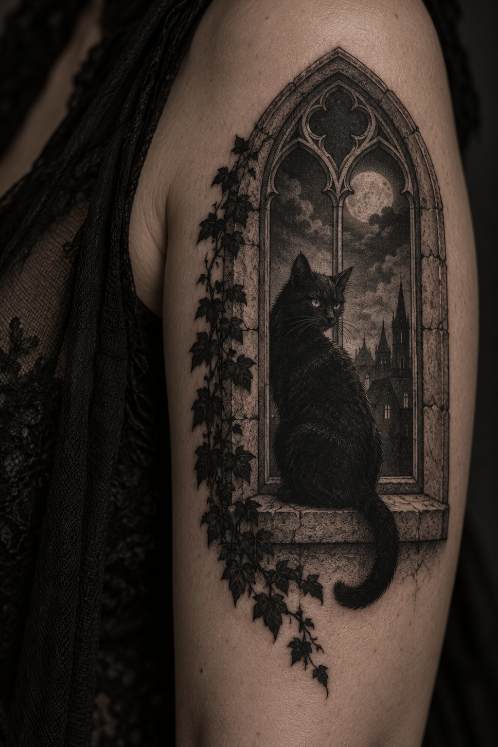 Black Cat in the Window gothic tattoo idea