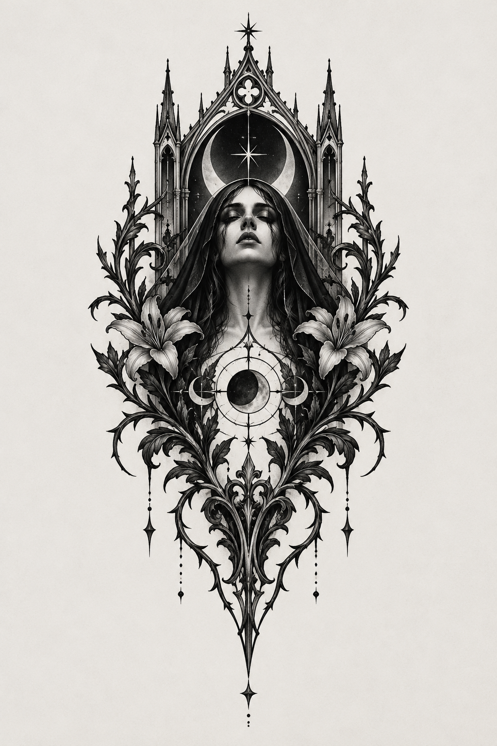 Ornamental blackwork arch gothic tattoo idea
