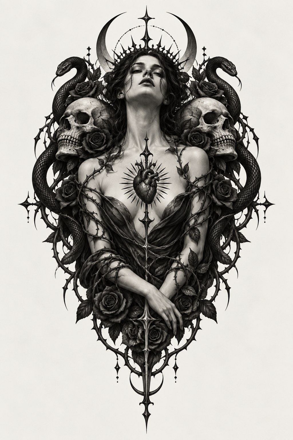 Dark botanical sleeve gothic tattoo idea