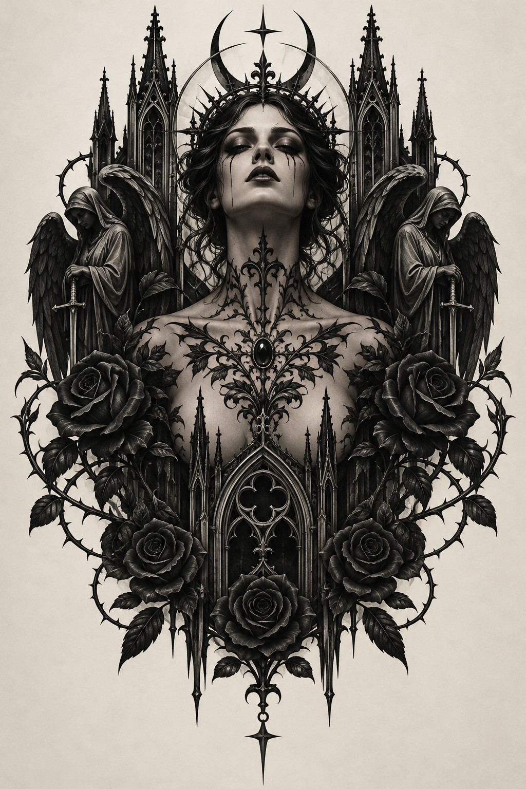 Mourning locket with florals gothic tattoo idea