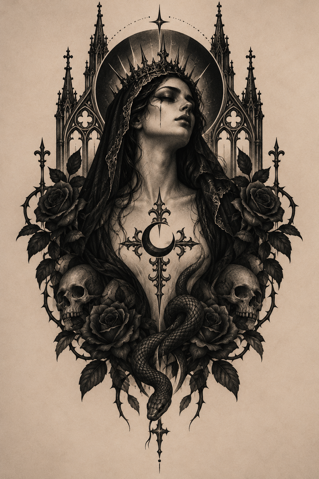 Crescent moon and bats gothic tattoo idea