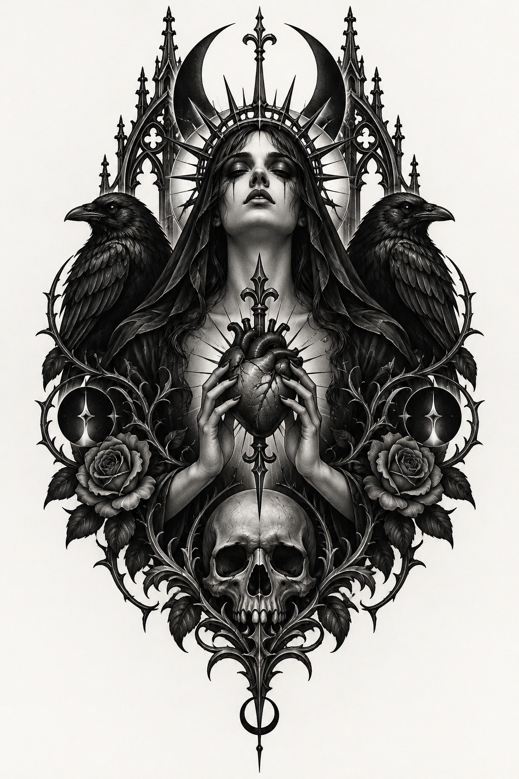 Skull and thorn wreath gothic tattoo idea