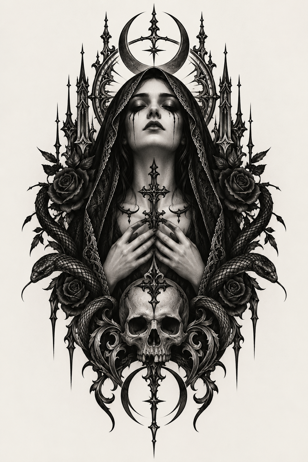 Ancient cross with filigree gothic tattoo idea