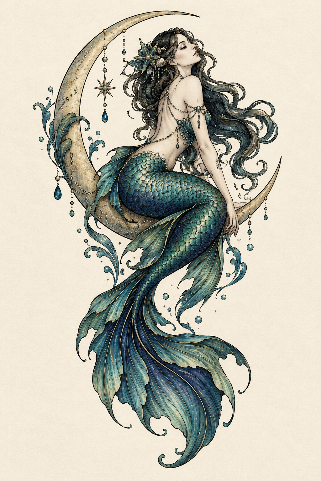 mermaid tattoo ideas for women: mermaid and moon