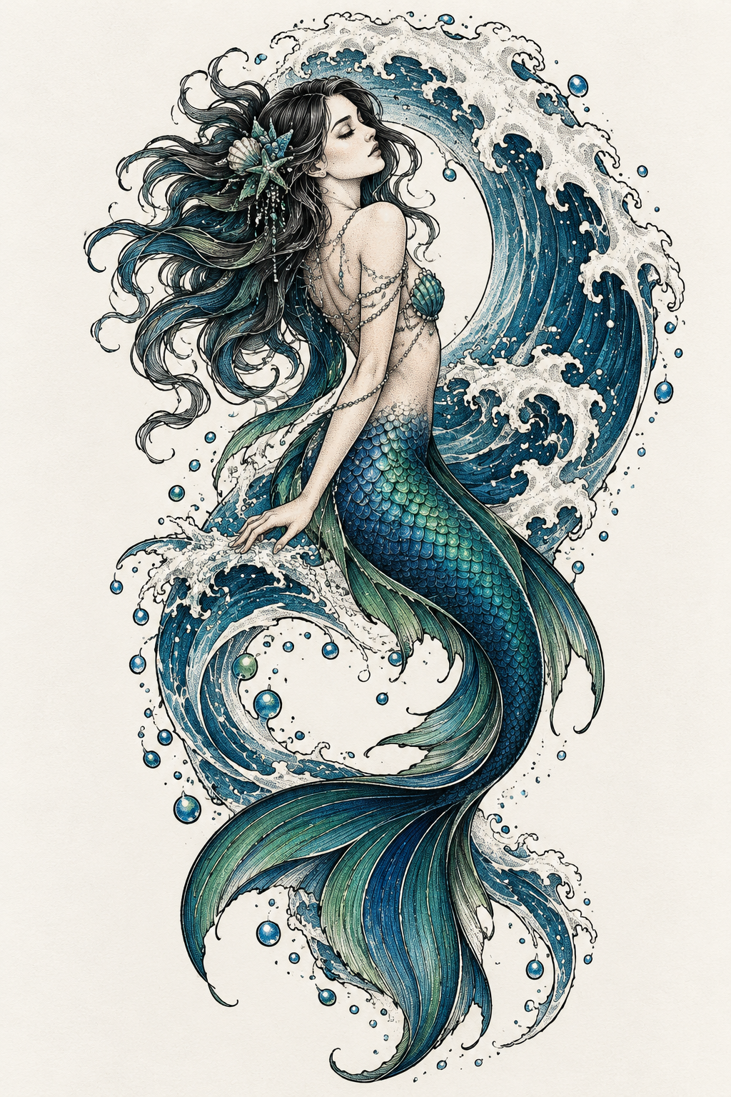 mermaid tattoo ideas for women: ocean wave mermaid