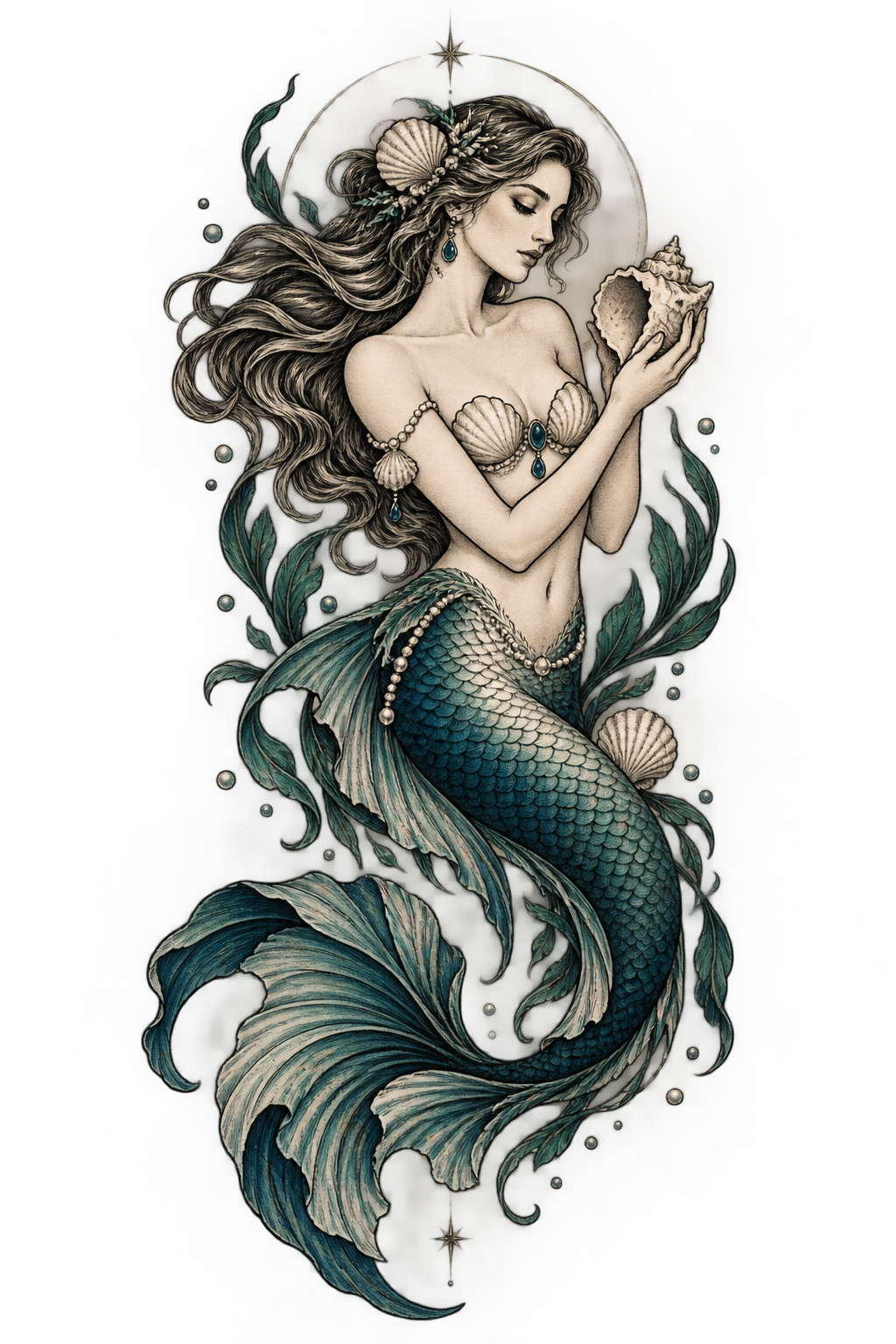 mermaid tattoo ideas for women: mermaid with seashell