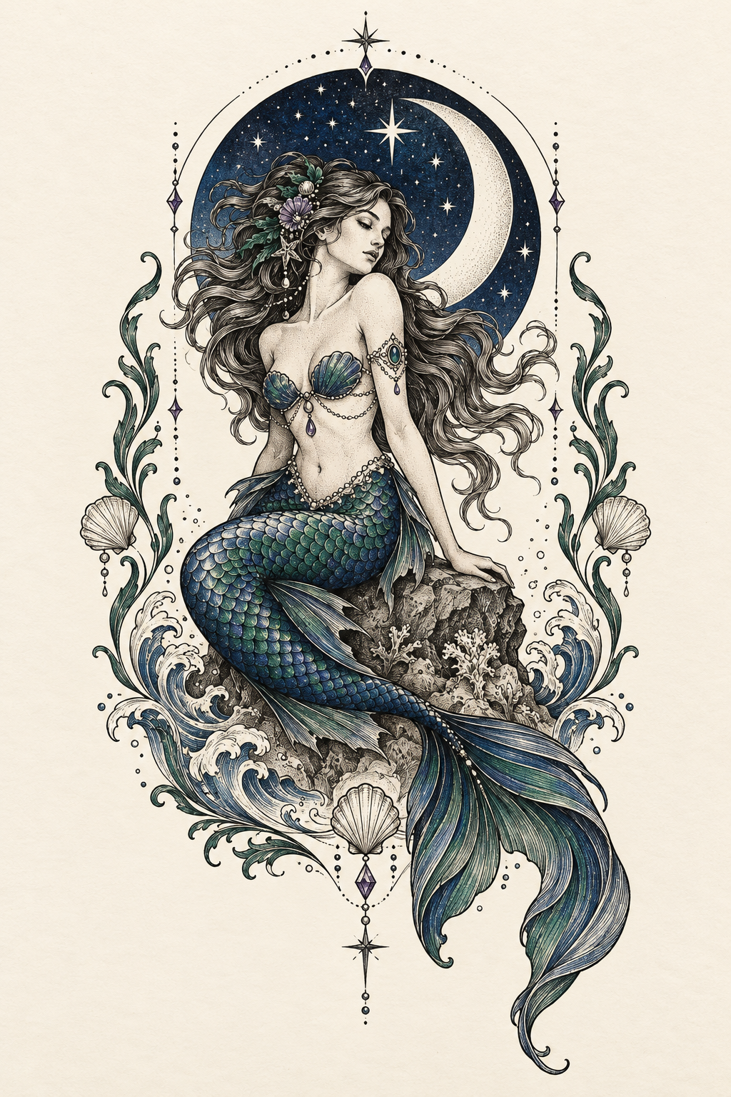 mermaid tattoo ideas for women: mermaid under stars