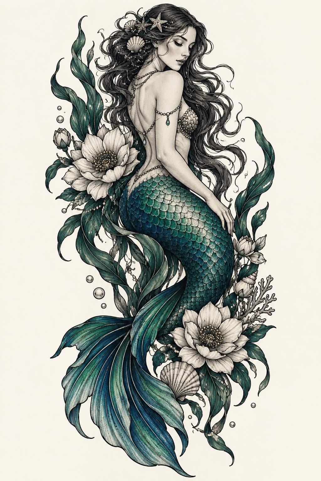 mermaid tattoo ideas for women: mermaid with flowers