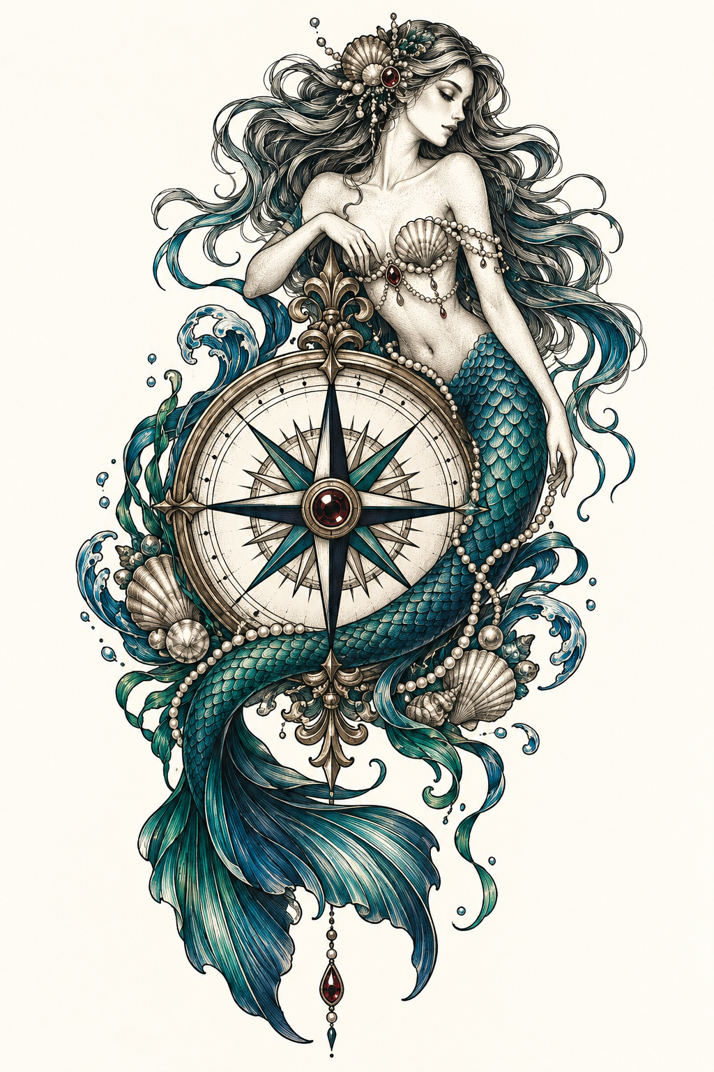 mermaid tattoo ideas for women: mermaid and compass