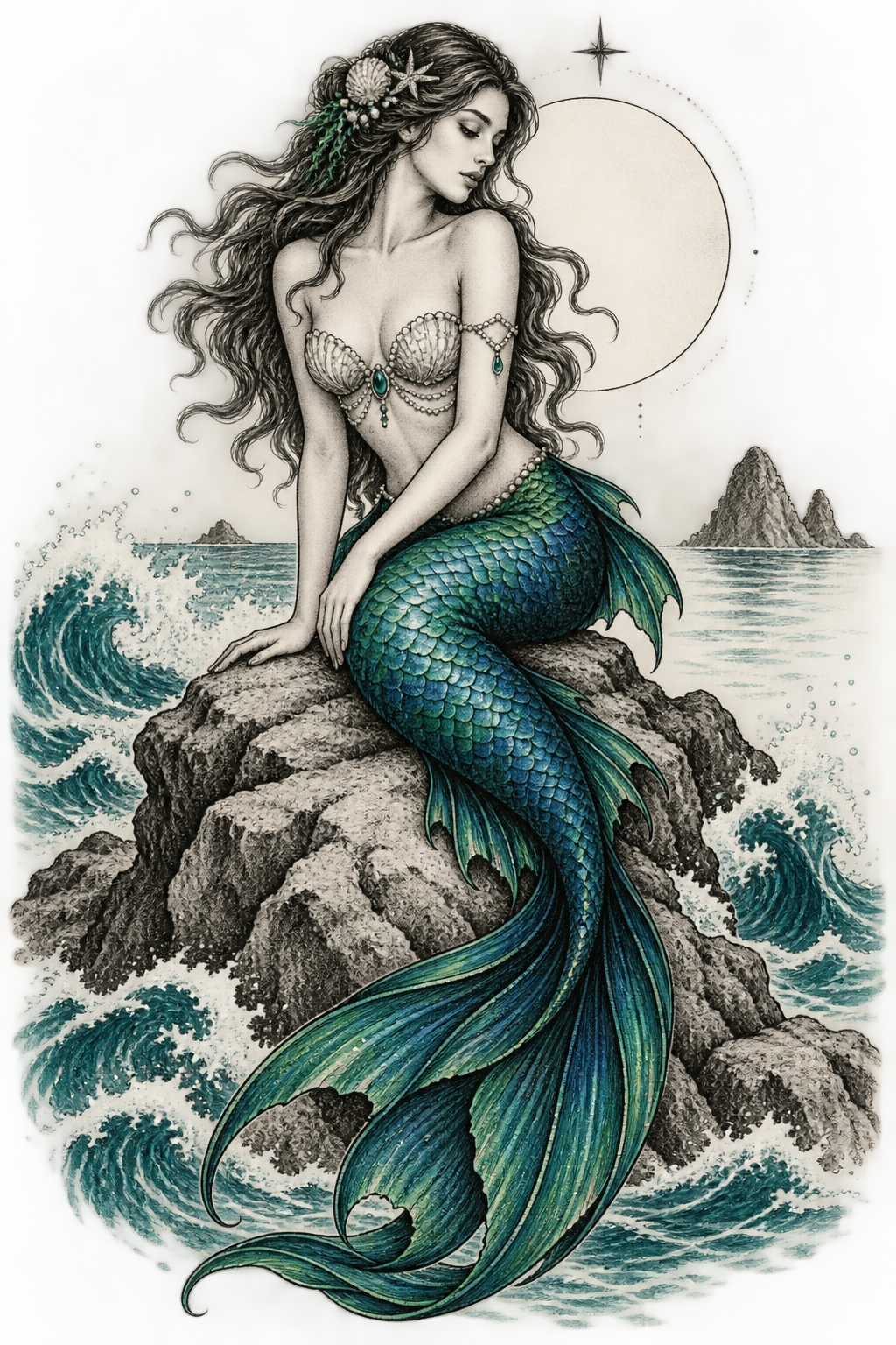 mermaid tattoo ideas for women: mermaid on a rock