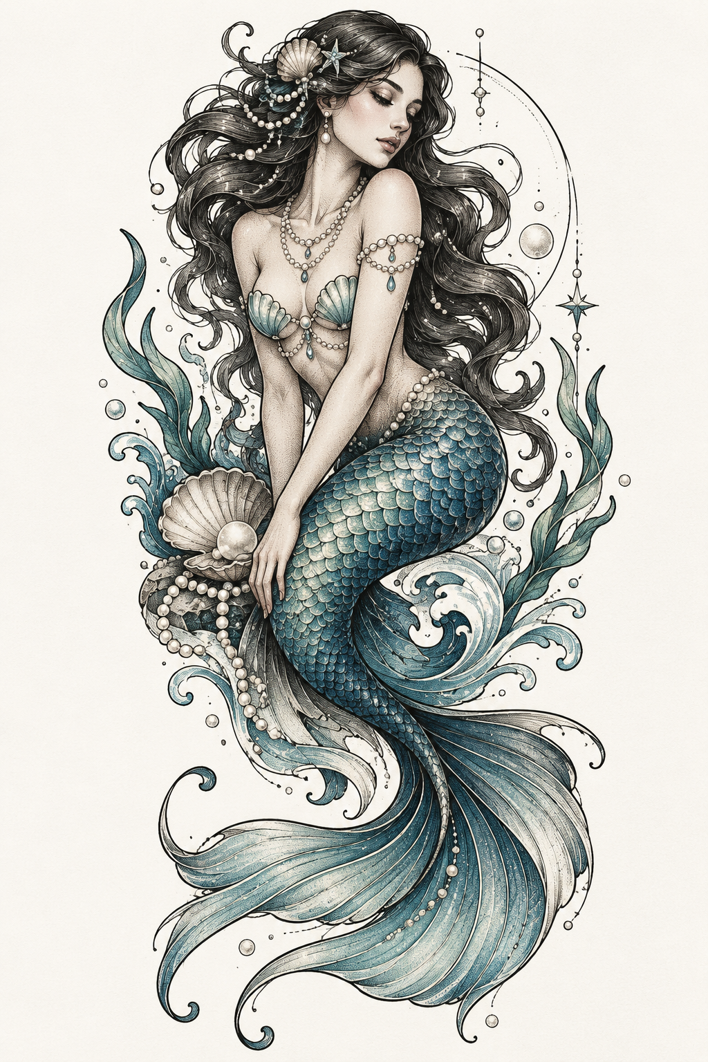 mermaid tattoo ideas for women: mermaid with pearls